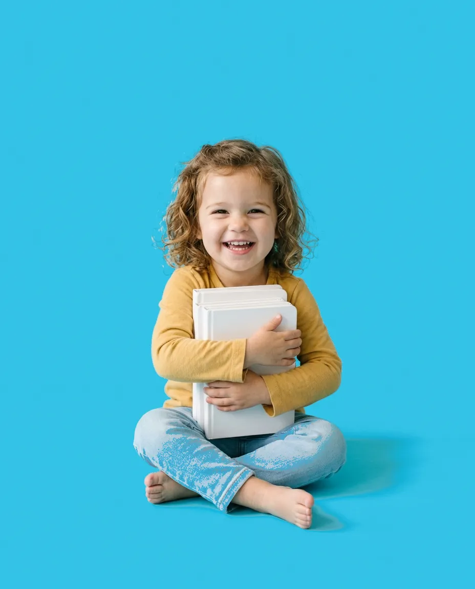 A curly-haired two-year-old in a mustard shirt sits cross-legged, beaming and hugging a stack of three thick white board books