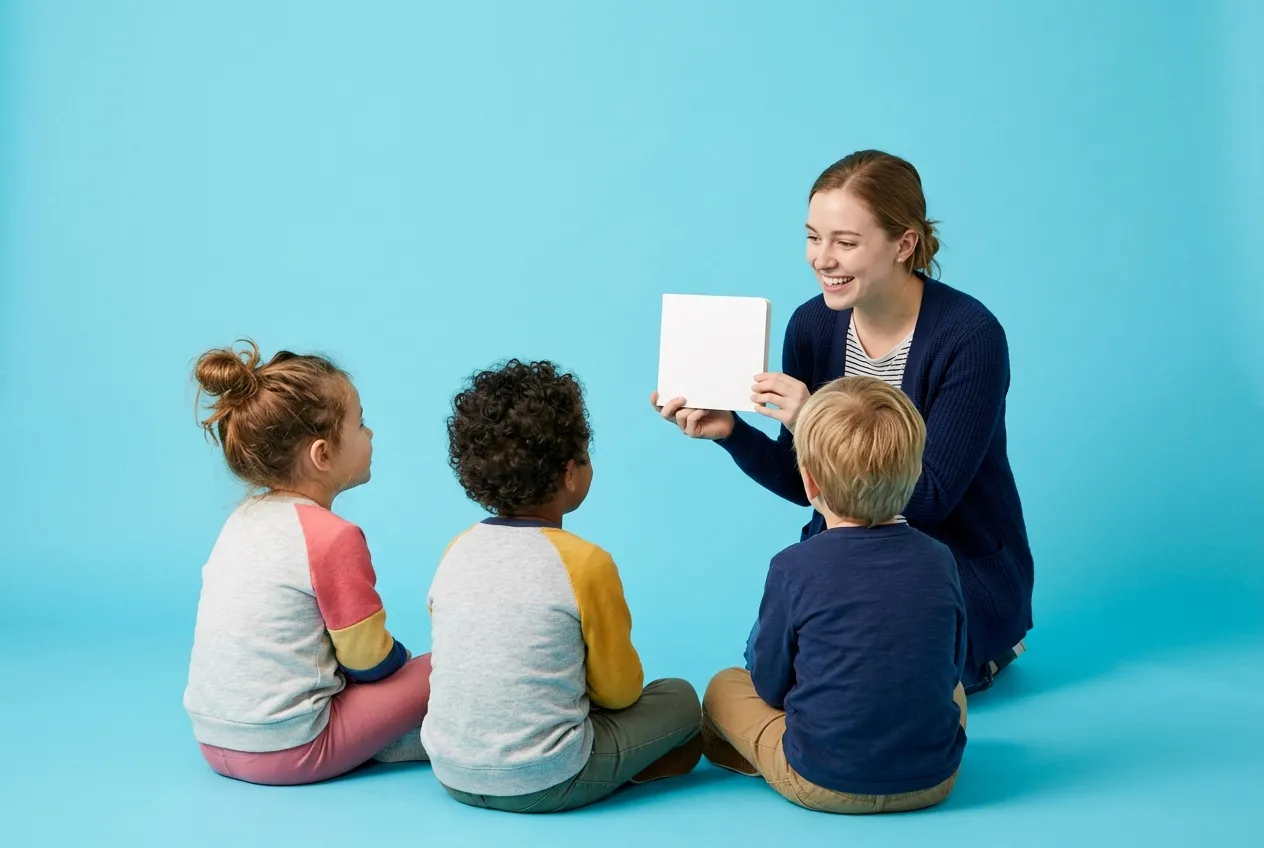 A smiling teacher kneels and holds up a board book for three preschoolers seated on a sky-blue floor