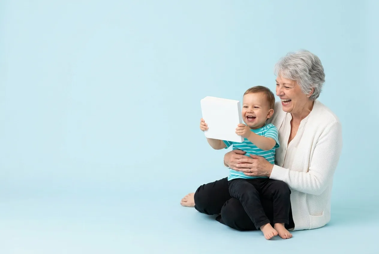 A silver-haired grandmother laughs on the floor with a toddler on her lap who holds up a board book
