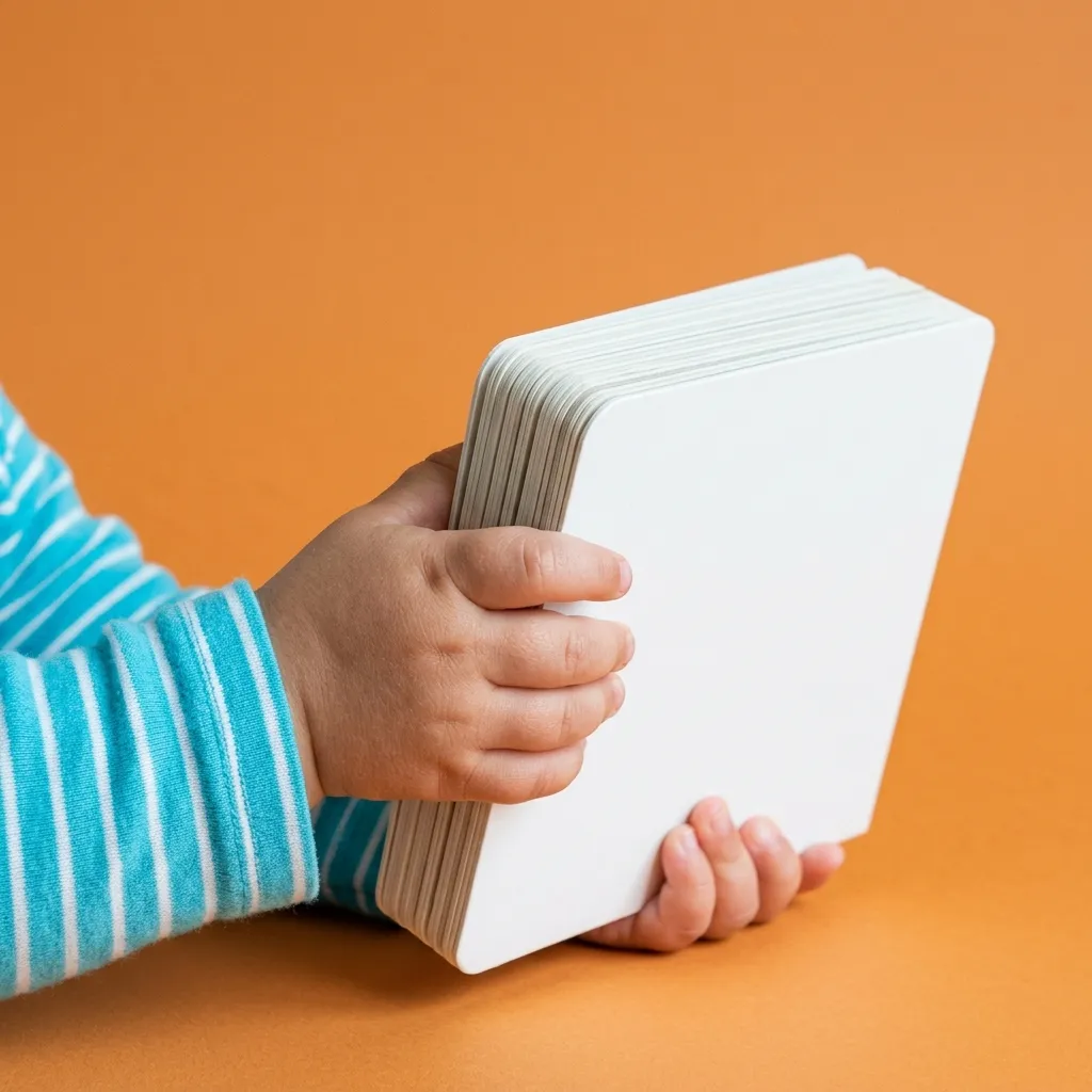 A toddler’s small hands hold a thick white board book, its chunky rounded pages seen side-on against an orange backdrop