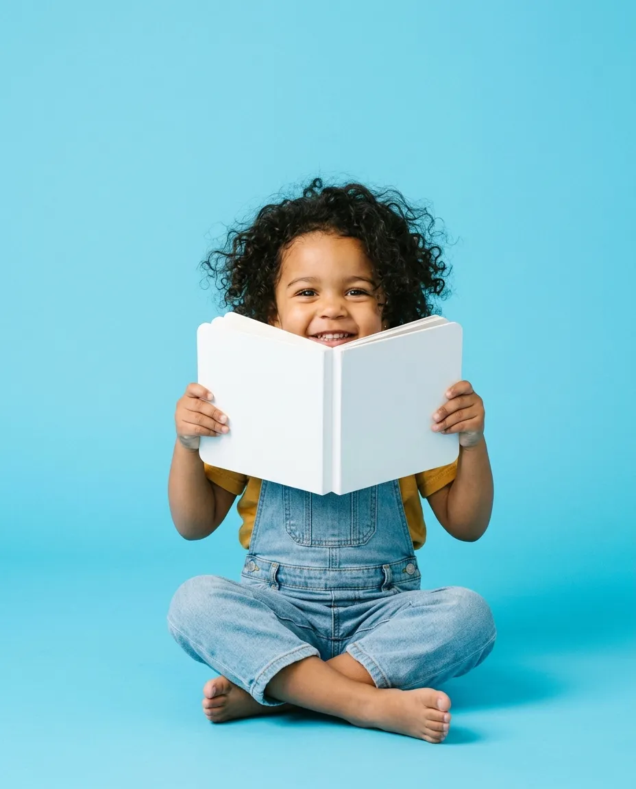 A curly-haired three-year-old in denim overalls sits cross-legged on a sky-blue floor, peeking over the top of an open board book with a proud grin