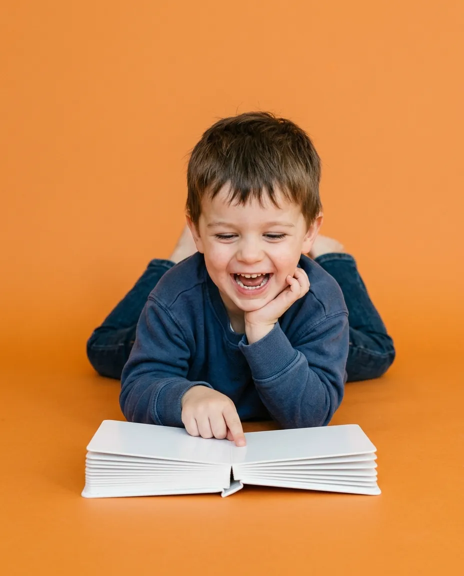 A laughing four-year-old in a navy sweatshirt lies on his tummy on an orange floor, pointing into an open board book